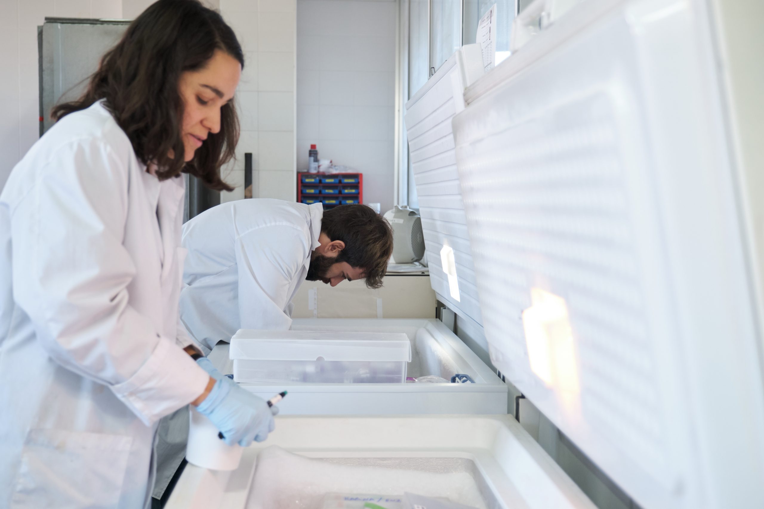 Investigadores almacenando muestras en laboratorio